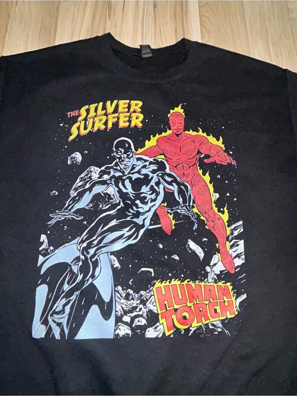 Gildan Black Crewneck Sweatshirt with Silver Surfer & Human Torch Graphic - Picture 4 of 11